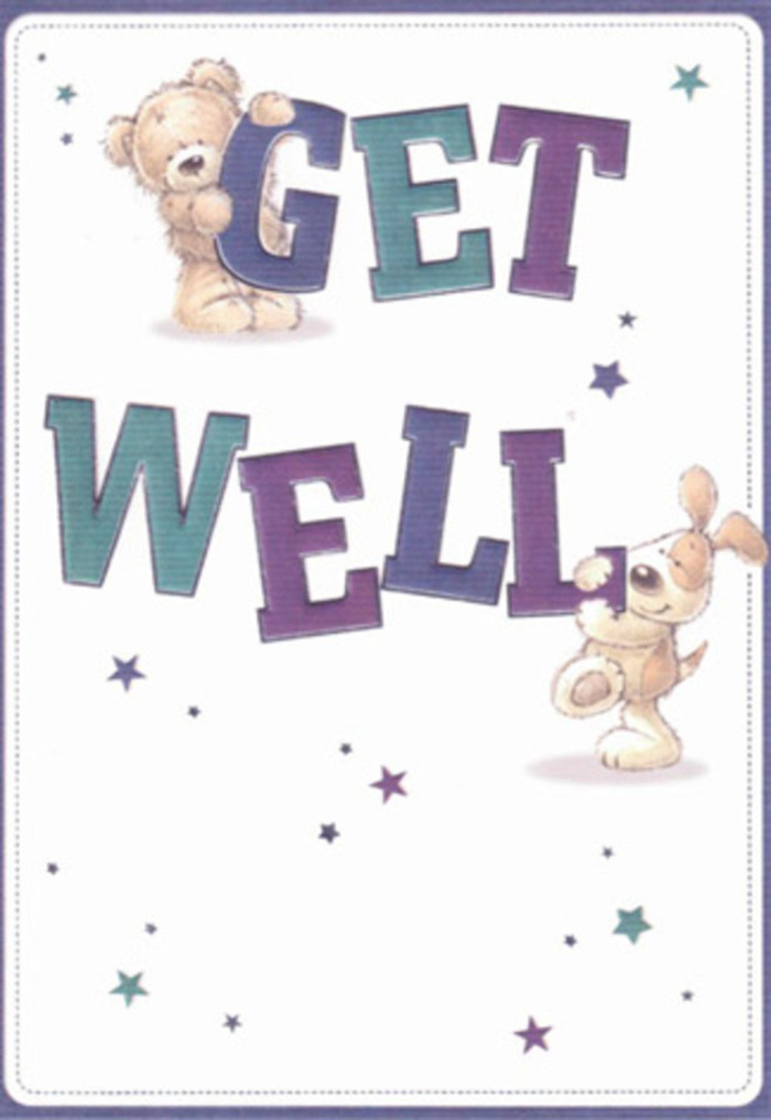 This illustrated get well card, vibrant with childhood spirit and gentle comfort, transports you straight to the heart of Carshalton's friendly neighbourhoods. Beneath a clear, inviting background reminiscent of a spring morning by the River Wandle, a plush, caramel-hued teddy bear perches playfully atop the word 'GET'. Alongside, a sprightly puppy, rendered in soft, creamy tones, nudges up to the grand 'WELL', ears flopping and eyes filled with hopeful encouragement. Between them, an array of stars shimmers in purples, teals, and blue, drifting across the card like sky lanterns illuminating Carshalton's tranquil parks at dusk. The typography is bold and dynamic, its rounded shapes and layered shadows enlivened with the same joyful confidence local florists use to arrange each get well bouquet for families in the area. Every brushstroke feels purposeful, every detail-a swirl of fur, a twinkle of a star-provides tactile comfort almost as soothing as a handmade floral arrangement by Carshalton Florist. The overall composition is open and luminous, capturing the uplifting spirit needed to encourage swift recovery and echoing the genuine kindness to be found throughout the Carshalton community. It's a comforting gift in card form, a heartfelt message ready to travel with blooms and brighten someone's day in southwest London.